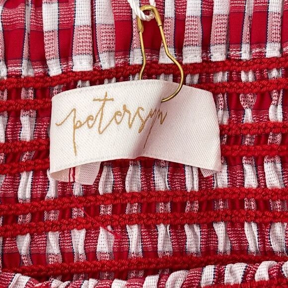 Petersyn Barrett Fitted Smocked Ruffle Mini Skirt Red White Check Linen Medium - Picture 4 of 6